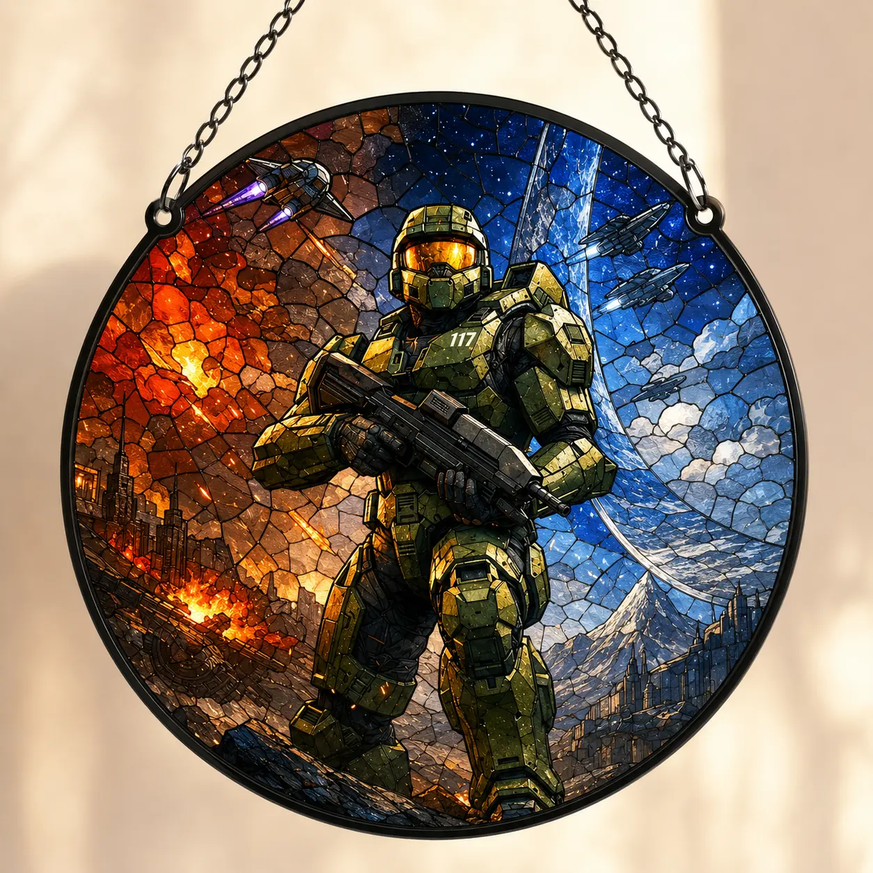 Halo Master Chief Stained Glass Style Suncatcher Acrylic Window Hanging Panel Wall Decor Vibrant Gamer Room Aesthetic Art Perfect Gift for Husband Xbox Fans