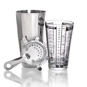 Printed 3-Piece Classic Bar Set - Kitchenware with Glass, Cocktail Shaker, Utensils, and Tin for Wine Use