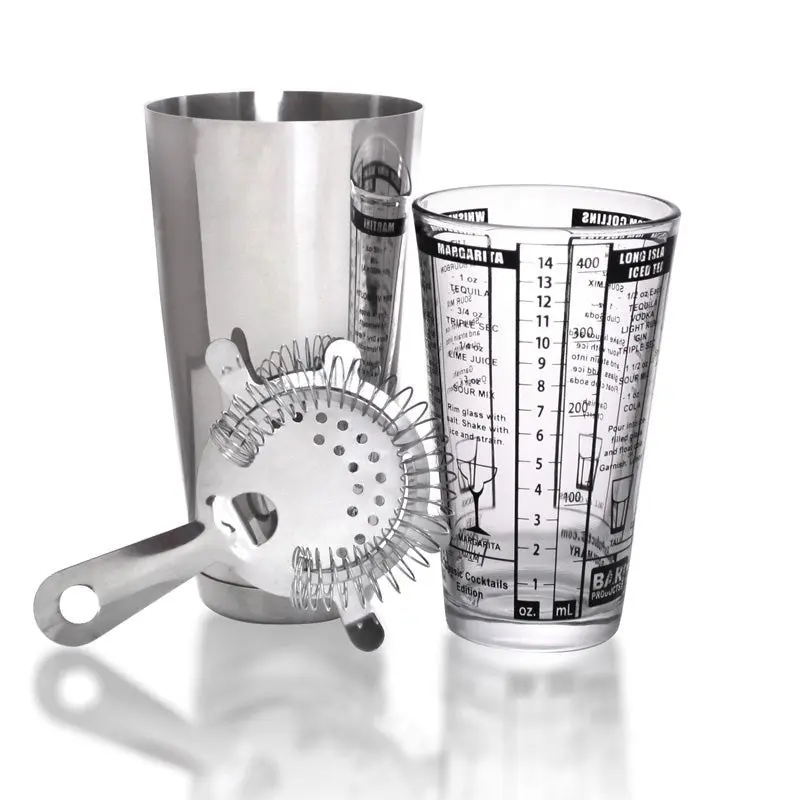 3-Piece Printed Classic Bartending Kit - Kitchenware & Bar Utensils Cocktail Maker Set with Cocktail Shaker, Glass, Strainer, and Tin for Wine Preparation, 15Oz, Recipe Print