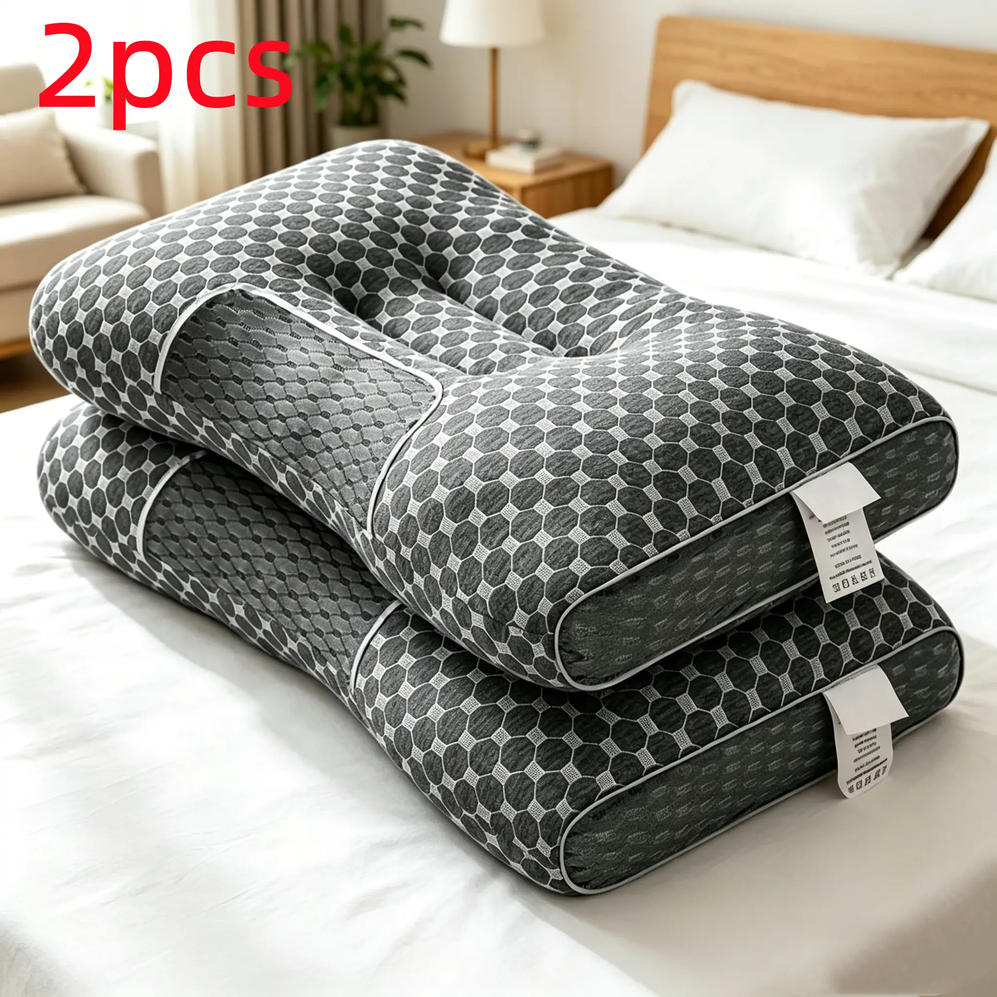 2 Knitted Neck Pillow Protectors - Packaged Pair with Moisture-Absorbent, Breathable, Flat Weave Cores - Functional Decor for Home Interiors, Multi-Room Use (Caravan Bedding, Living Room), Polyester Fiber