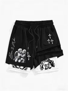 Men's Angel Cross Print Double Layer Shorts, Y2K Vintage Street Style Loose Drawstring Design, Casual Sport Daily Wear