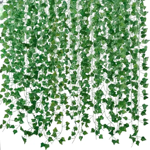 Faux Vine Garland Artificial Plants (12 Pack, 84ft) with 1.5-1.8in Leaves, Aesthetic Fake Ivy Hanging Greenery for Room Decor, Green Wall Decor, Outdoor Use