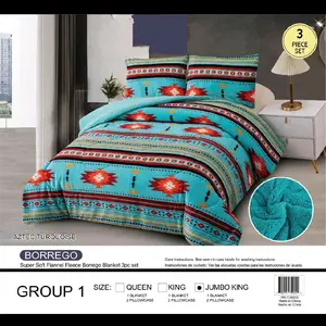 Borrego soft plush flannel 3pc sherpa blanket floral Aztec,western90"×90"