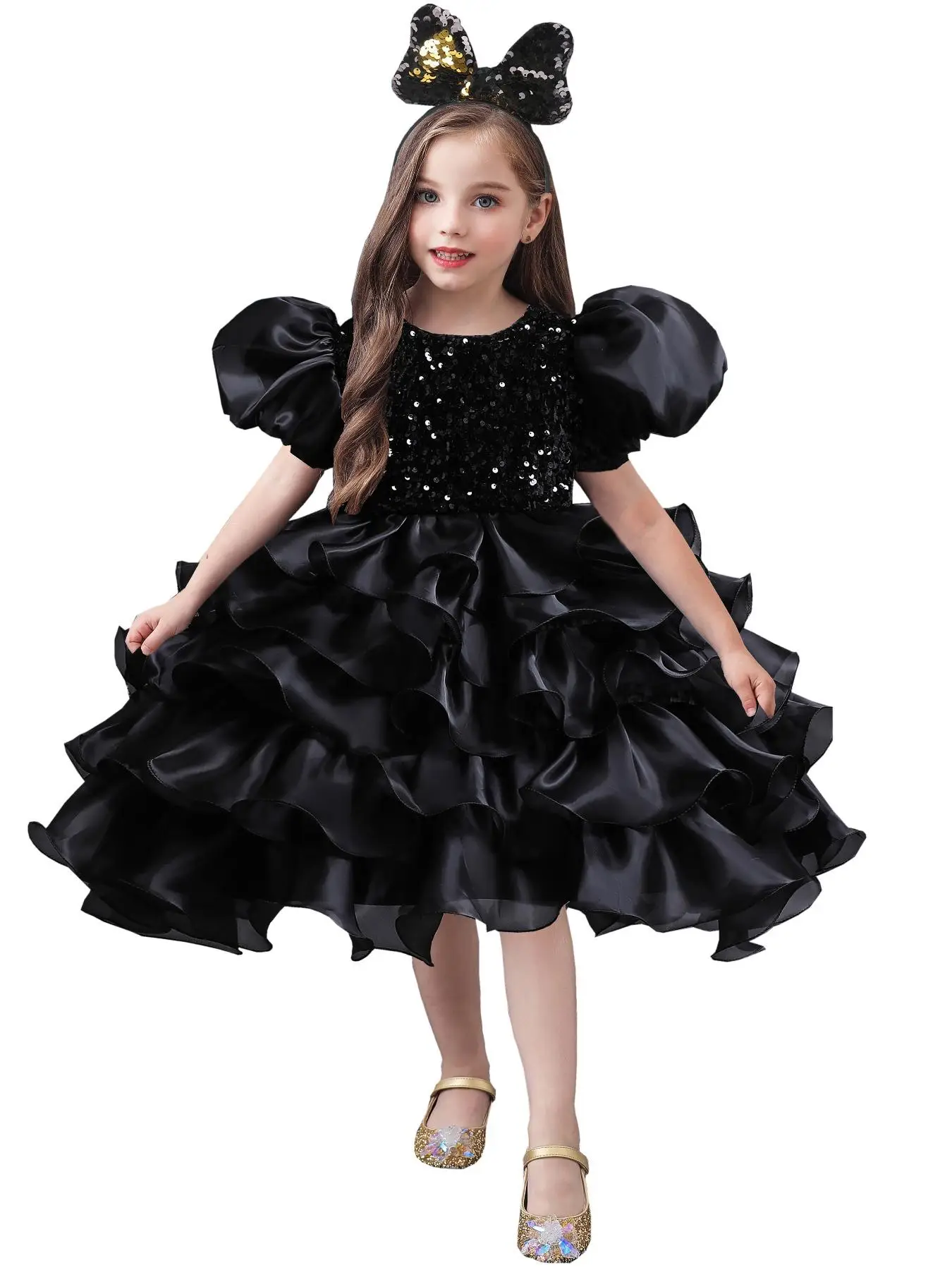 Girl's Glitter Contrast Sequin Tiered Layer Tulle Dress with Hairband, Elegant Puff Sleeve Dress for Party, Kids Clothes for All Seasons