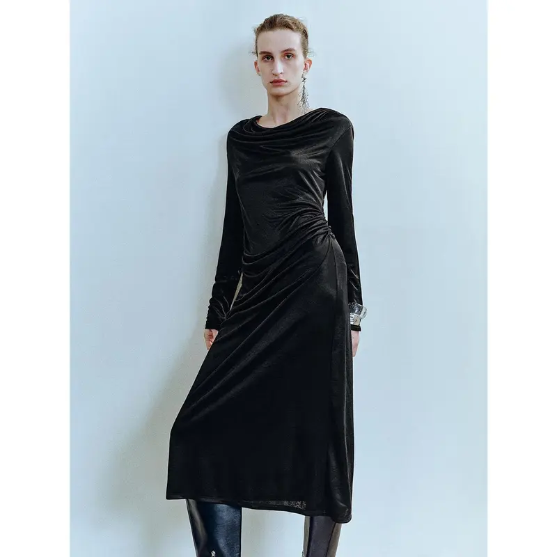 long straight dress for ladies straight shoulder double ribbon strap top high waist