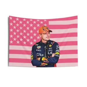 Flair Hub Max Verstappen Pink American Flag Tapestry, aesthetic room decor, funny room decor, max verstappen gift