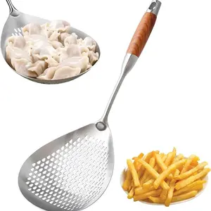 304 Stainless Steel Large Strainer Spoon, Heat Resistant Wood Handle, Kitchen Tool, Durable Kitchenware, Cooking Tools, for Cooking and Frying, Noodles, Dumplings, French Fries, Utensils