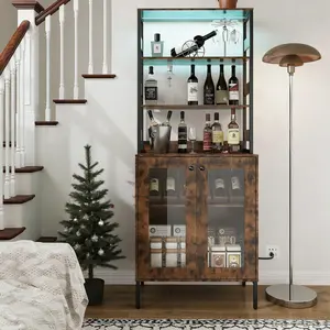 Tall 67" Home Bar Cabinet, Wine & Liquor Storage with Built-in Power Outlets, LED Lighting, Glass Holder, Coffee Bar and Microwave Stand for Living Room, Brown