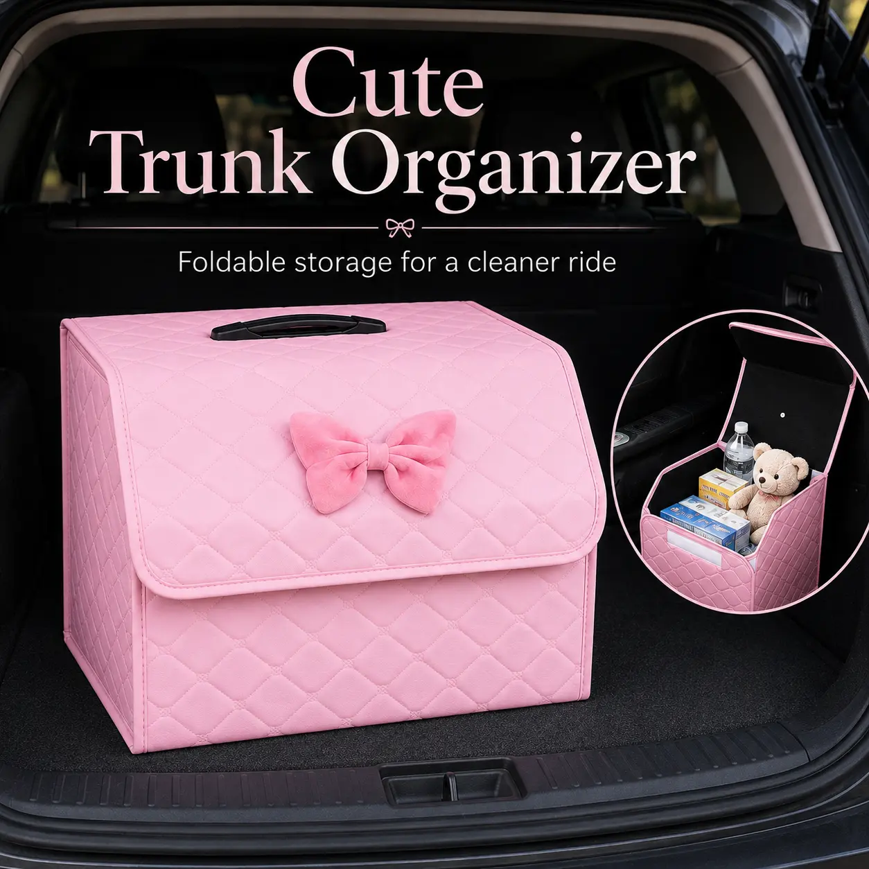 Pink Car Trunk Organizer, Large Foldable Car Storage Box with Handle, Quilted Faux Leather Trunk Storage Bin for SUV, Car, Truck, Cute Auto Interior Accessories