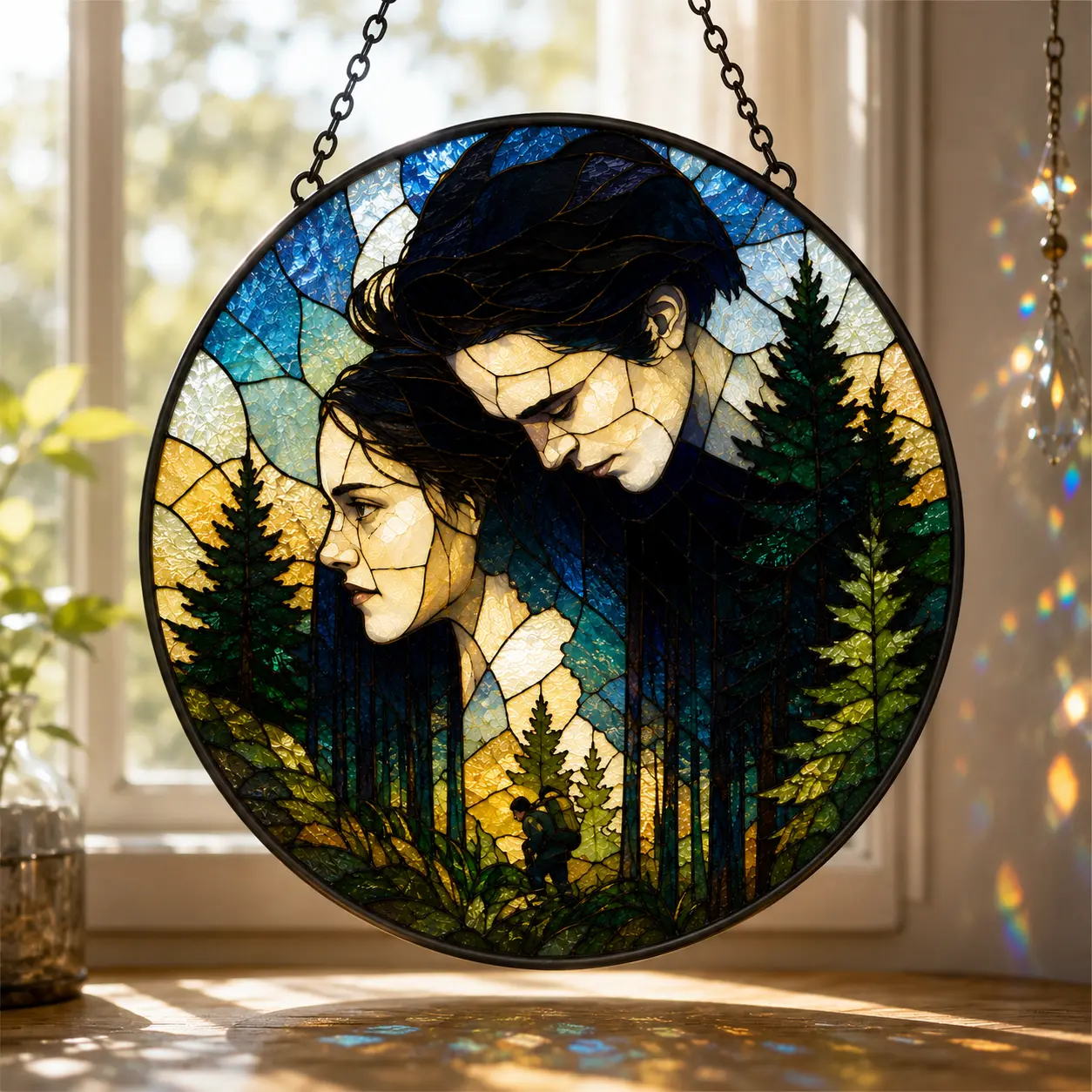 Twilight Saga Bella Swan and Edward Cullen Faux Stained Glass Window Suncatcher - Beautiful Blue Filter Pacific Northwest Forest Art Hanging Decor - Perfect Nostalgic Gift for Twilight Fans