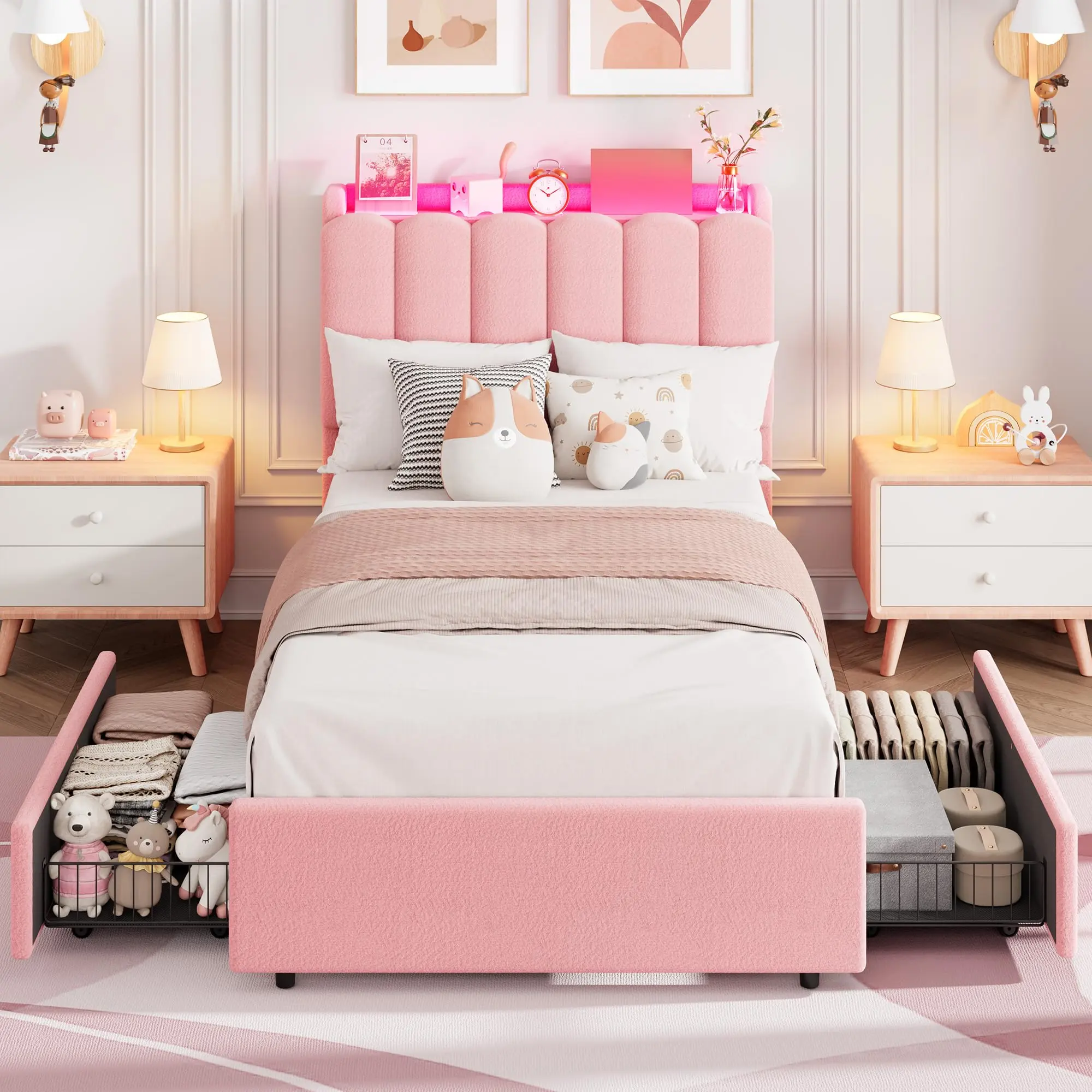 Twin XL White Boucle Upholstered LED Platform Bed Frame - RGB LED Wavy Bookcase Headboard, 2 Drawers Flexible Storage, No Box Spring Needed, 40 – 56 In