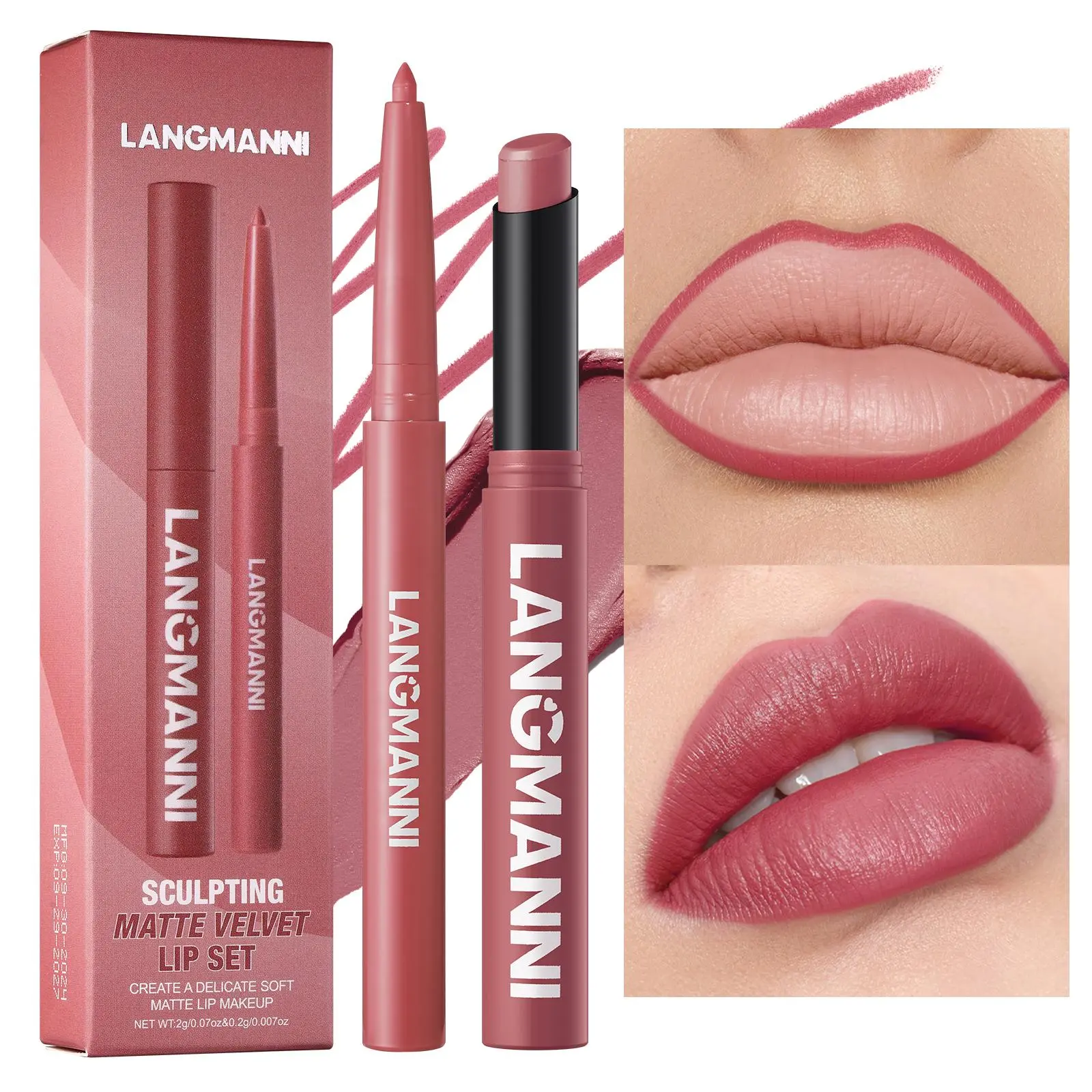2-Piece Combination Set with Slanted-Tip Rotating Lipstick, Lipgloss, Smooth Matte Texture, Easy to Apply for a Natural Makeup Effect