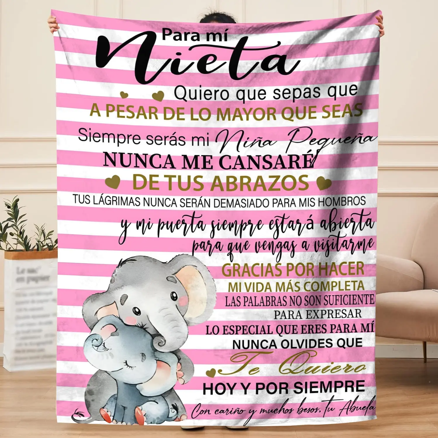Plush Flannel Pink Throw Blanket - Fluffy, Body-Warming, Personalized Abuela Gift for Spanish Granddaughter, Digital Printing Elephant Art Graphic, Pink Stripe, Multi-Size, Birthday Bedroom Decor, Art Graphic Blankets, Fluffy Blankets