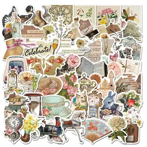 Vintage Flower & Letter Pattern Sticker, 50pcs/set Scrapbooking & Journal Making Material Paper, DIY Decorative Sticker for Stationery Computer