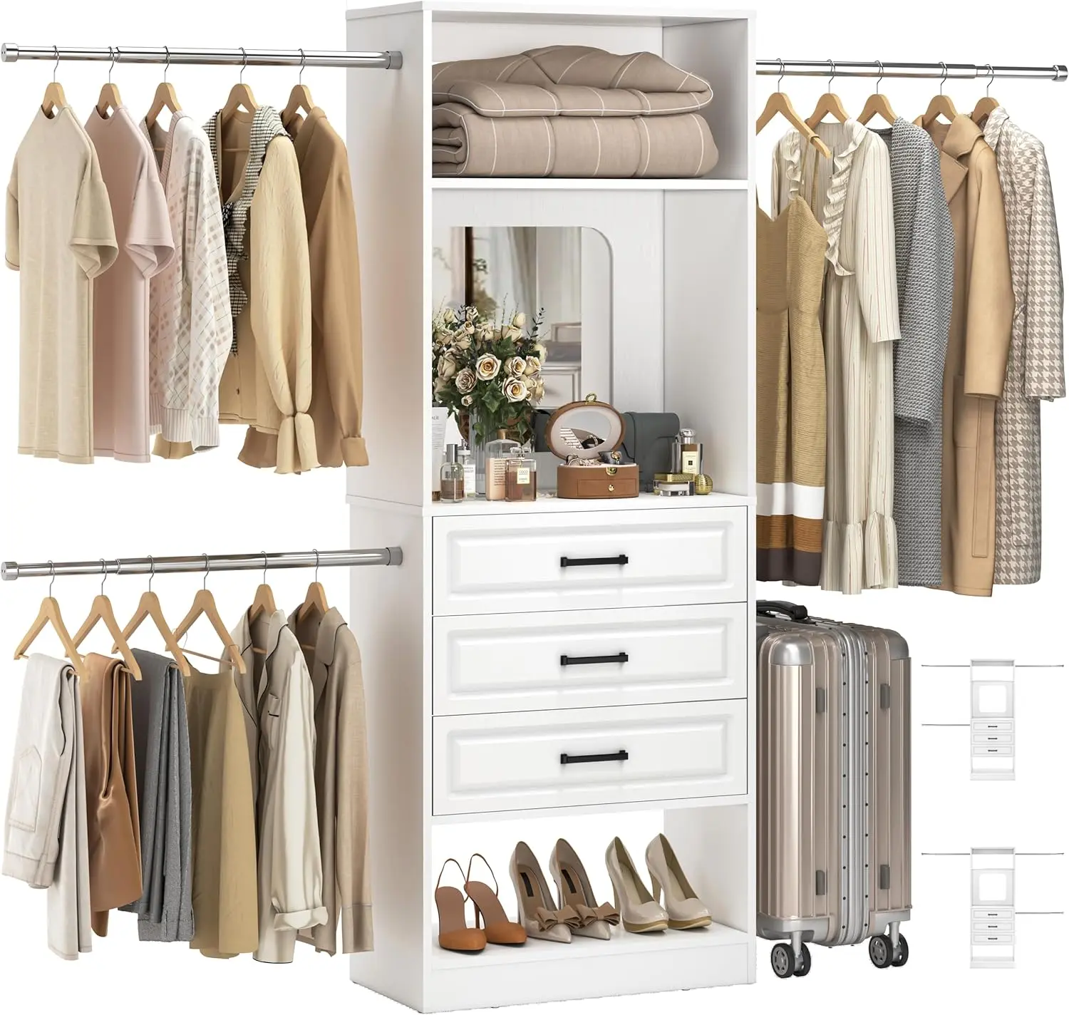 48" W - 96” W Closet System with Mirror, 8FT Walk in Closet Organizer Kits with Drawers and 3 Extendable Hanging Rod, Sturdy Wood Clothing Garment Rack with 25” Tower, Max Load 1000 LBS