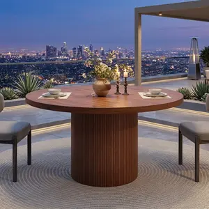 47 Inch Round Dining Table Seats 4-6 People, Mocha Brown Fluted Kitchen Table With Wood Strip Base, Modern Farmhouse Round Dinner Table For Home Kitchen Living Room Household Decor