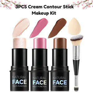 3PCS Cream Contour Stick Makeup Kit – Highlight, Blush & Bronzer Sticks for Light to Medium Skin, Long Lasting Waterproof Formula with Matte & Dewy Finish
