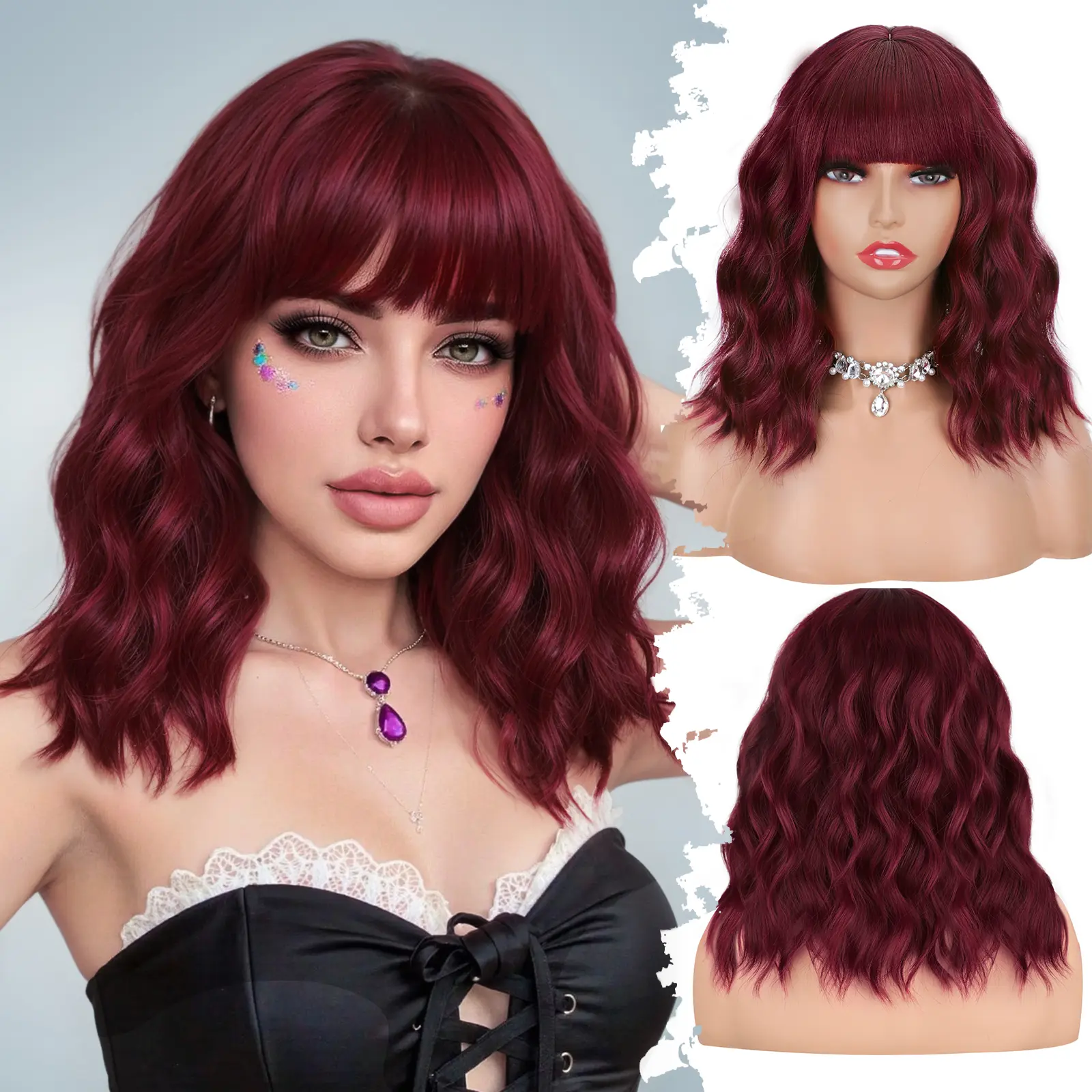 Fxmongyi Short Wavy Bob Wig with Bangs Natural Middle Part Wavy Wigs for Women Shoulder Length Synthetic Wig for Cosplay and Daily Party Use