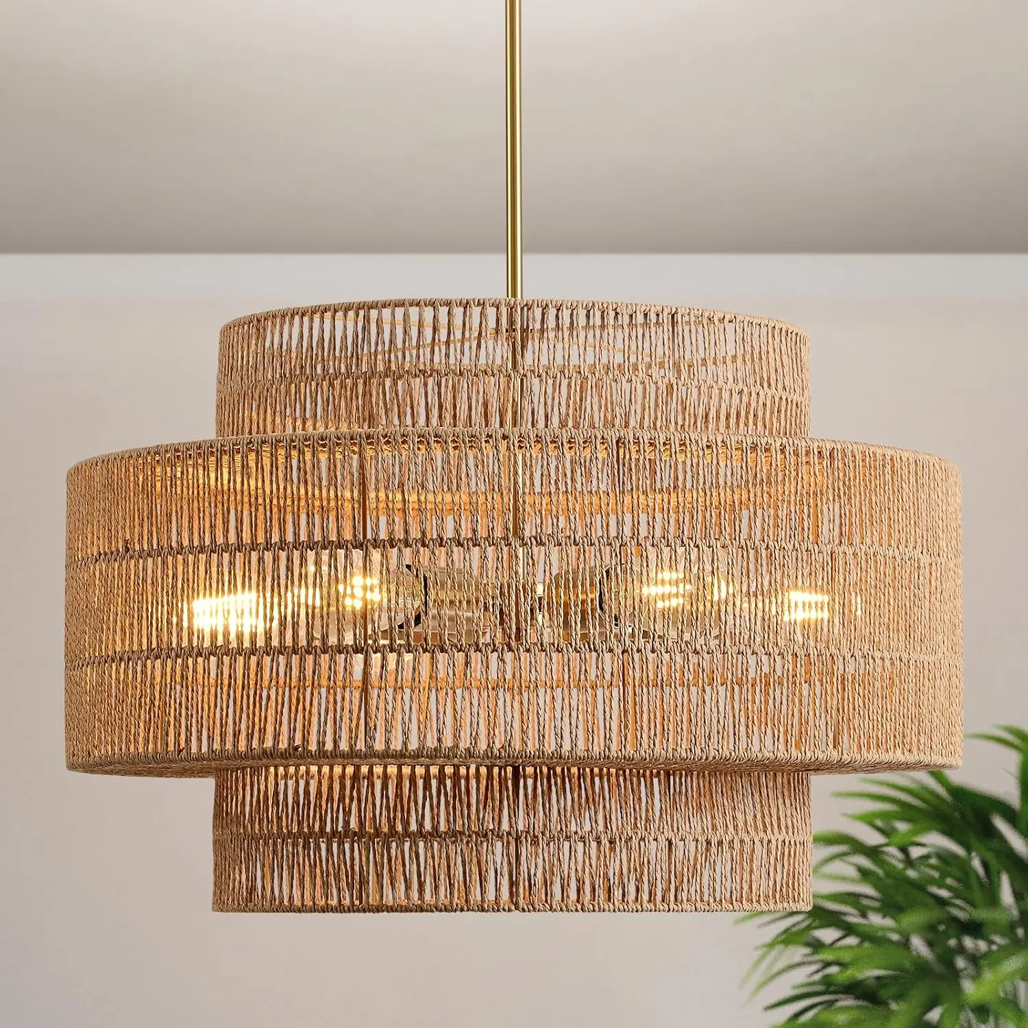 24" Boho Large Rattan Chandelier Light Fixture,6-Light Large Hand Woven Pendant Light Fixture Farmhouse Rustic Chandeliers for Kitchen Bedroom, Dining Room, Living Room, Hallway, Foyer