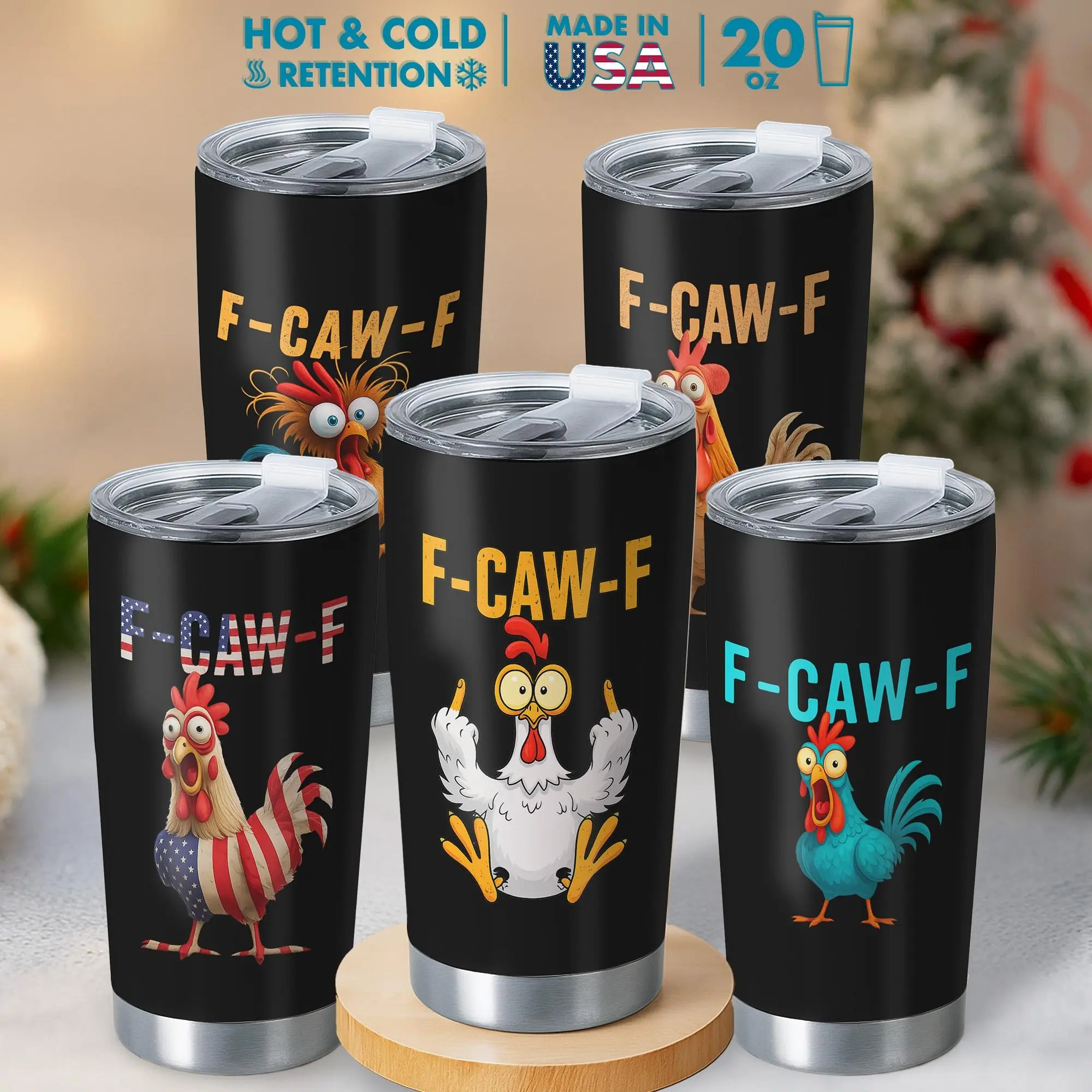 F-CAW-F 20oz Stainless Steel Insulated Portable Coffee Flask - Funny Rooster Sarcastic American Flag Design Tumbler with Lid, Patriotic Gag Gift for Him, Beverage Travel Mug, Insulation, Thermal