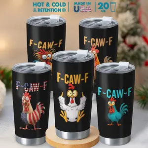 "F-CAW-F" Funny Rooster 20oz Tumbler with Lid - Sarcastic American Flag Chicken Design - Patriotic Gag Gift for Him & Her - Stainless Steel Insulated Travel Mug