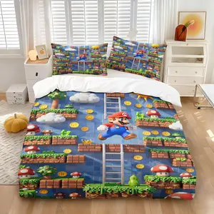 Vintage Super Mario Bros Classic Game Scene Printed Duvet Cover Set, Includes One Comforter Cover and 1/2 Pillowcases, 3D Game Theme Design Fashion Adorable Quilt Cover, Gift for Game Lovers Adults/Kids Bedroom Bedding, Super Mario Brothers