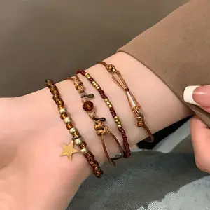 [4pcs Stack Bracelets] Vintage Boho Style Beads Golden Star Pendant Jewelry for Women Daily Essential Party Crossing Gift Party
