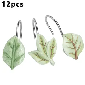 12-Pack Leaf-Shaped Shower Curtain Hooks, Plant Leaf Decorative Hooks, Rust-Resistant Metal, Cute Eucalyptus Leaf Design, Bathroom Accessories