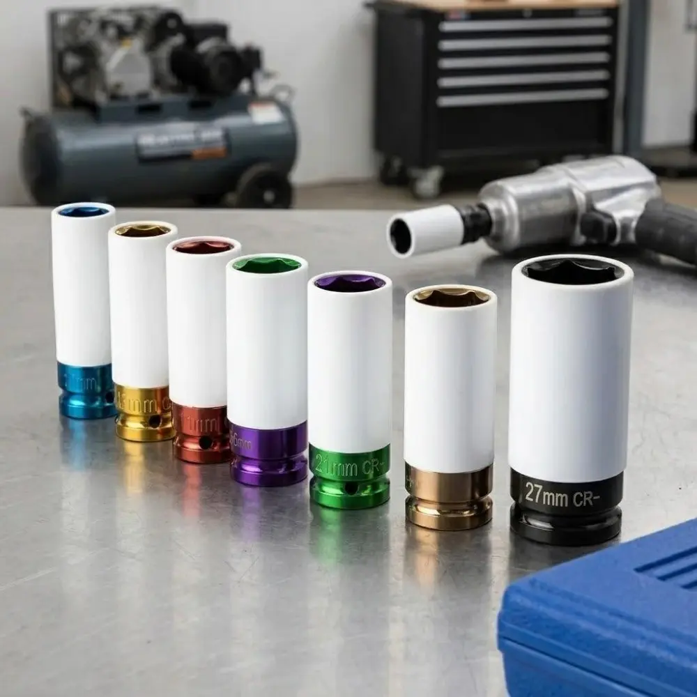 1/2" Drive Impact Socket Set 17-27mm, Color-Coded Deep Sockets for Truck SUV Wheel Lug Nut Removal, Anti-Slip Anti-Break Design with Extension Bar, Heavy-Duty Impact Wrench Accessories Kit in Portable Case Socket Combination Tool