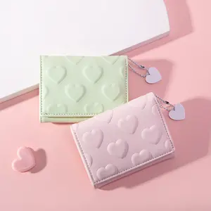 Fashion Girls Wallet 3D Heart Embossed Cute Wallet Cash Pocket Card Holder ID Window with Heart Charm for Women