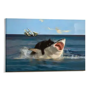 Cat & Shark Pattern Canvas Painting without Frame, Funny Wall Art, Wall Decor for Home Living Room Bedroom Stdy Roomu,Bedroom and dormitory decorations made of environmentally friendly materials, toilet posters with bright colors and illustrated posters