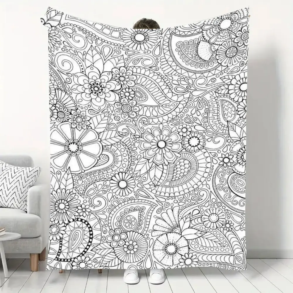 Black White Floral Paisley Coloring Book Style Blanket, Soft Flannel Throw Blanket with Boho Flower Mandala Doodle Print, Cozy Gift for Women Girls Teens and Art Lovers, Aesthetic Room Decor for Bed Couch Sofa Bedroom Dorm, Lightweight Warm Blanket