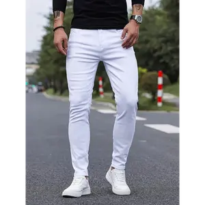 Men'S Skinny Fit Denim Jeans, Casual Mid Waist White Pants, Solid Color Stretch Cotton Blend, with Belt Detail, for All-Season Zipper Fly Trousers