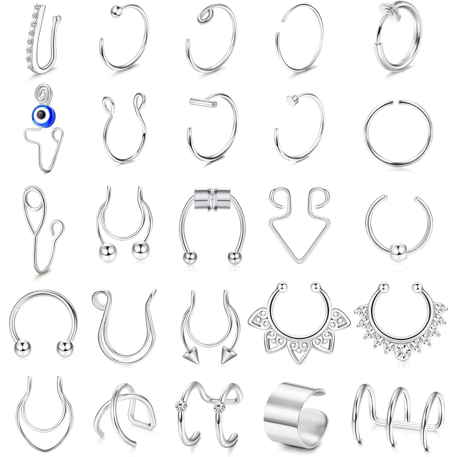 FINREZIO 25 Pcs Silvery Versatile Fake Nose Rings for Women Men Stainless Steel Fake Septum Rings Magnetic Septum Nose Rings for Non Pierced Nose Fake Piercings Set Mysterious Evil Eye Clip Nose Ring Hoops Nose Cuffs