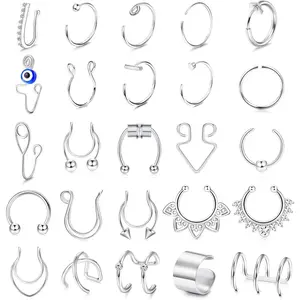 FINREZIO 25 Pcs Silvery Versatile Fake Nose Rings for Women Men Stainless Steel Fake Septum Rings Magnetic Septum Nose Rings for Non Pierced Nose Fake Piercings Set Mysterious Evil Eye Clip Nose Ring Hoops Nose Cuffs