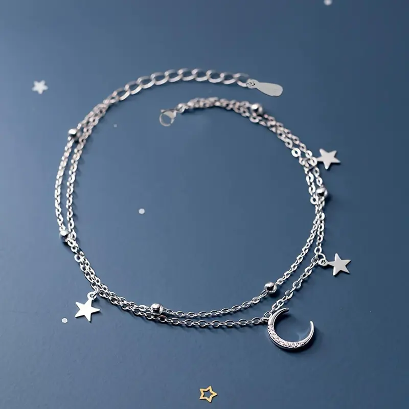 Women's Elegant Trendy Double Layer Chain Bracelet with Moon & Star Design,  Exquisite Adjustable Bracelet for Daily Decoration, Trendy All-match & Exquisite Jewelry for Birthday Gift, Copper Exquisite Bracelet