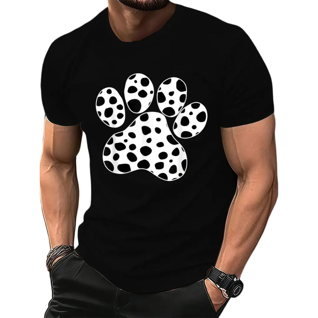 Retro Dalmatian Dog Paw Print T-Shirt - Suitable for Dog Lover Gift, Round Neck Casual Shirt with Dalmatian Puppy, Machine Washable Year