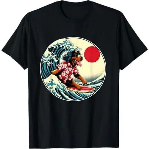 Great Wave Kanagawa Gordon Setter dog Surfing T-Shirt