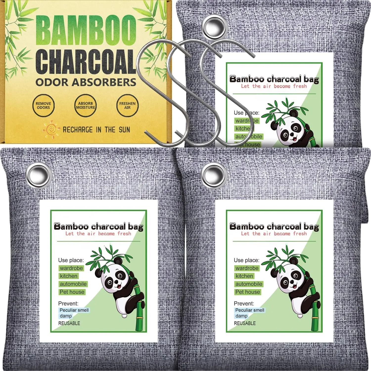 Activated Charcoal Odor Absorber for  Odor in Basement, , Closet, Shoe, 3 Pack  Charcoal Air Purifying Bags Deodorizer Odor Eliminator for