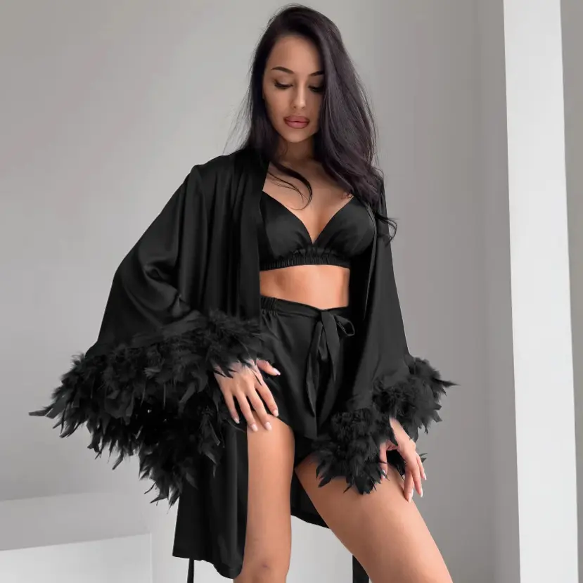 LikeMyChoice-New Arrival Women 3 Piece Faux Silk Lingerie Set, Soft Fluffy Feather Trim Loose Kimono Robe V Neck Bralette Shorts Boudoir Sleepwear