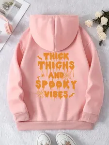 Women's Spider Web & Letter Print Drop Shoulder Hoodie, Fashion Casual Drawstring Pocket Hooded Sweatshirt for Daily Holiday Outdoor Wear, Women Clothing for Fall & Winter, Halloween