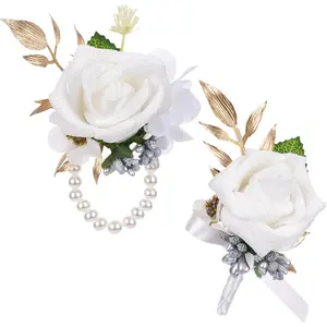 Boutonniere and Cosrage Set for Wedding - 2 Pcs Artificial Flowers Wrist Corsage and Boutonniere Set for Prom Dancing Party, Boutonniere Corsage Wristlet for Bride Groom Groomsmen Anniversary Ceremony