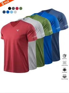 Men's Sporty V Neck Short Sleeve Tee Shirt, Polyester Knit Fabric, Breathable & Quick-Dry, Quick Dry Activewear, Ideal for Running Cycling Basketball