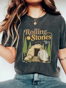 Rolling Christian T-Shirt, Trendy Stones Easter Clothing, Jesus Christ Shirt, Gift For Christian, Faith-Based Graphic Tee, Women's Loose Vintage Rolling Stones Inspired Christian Graphic T-Shirt, Retro Boho Religious Easter Tomb Tee, Streetwear Top