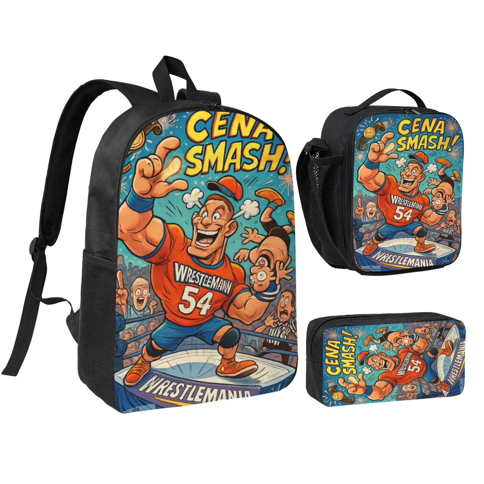 Retro WWE 3PCS Backpack Set for Teens Students Classic Anime School Backpack with Lunch Box and Pencil Case Durable Casual Bookbag for Boys Girls Suitable for School Travel Picnic and Daily Wear