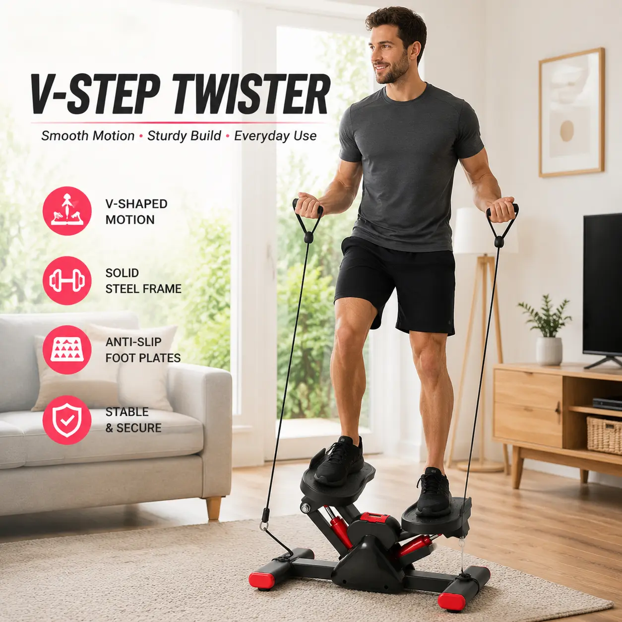 V-Step Twister Machine - Compact Home Exercise Stepper with Smooth Motion Design, Quiet Operation, Anti-Slip Footplates for Indoor Daily Use, Anti-Slip Feet