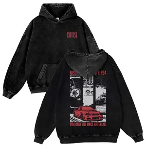 “you only die once after all” GTR R34 Red Car 380g Autumn VIntage Washed Hoodie Graphic Sweatshirt