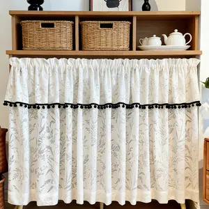 1pc Elegant French Style Half-Transparent Leaf Curtain, Dual Layer Polyester Fabric, Fuzzy Ball Trim, Suitable for Kitchen & Bookshelf, Home Decoration Curtain, Window Curtain