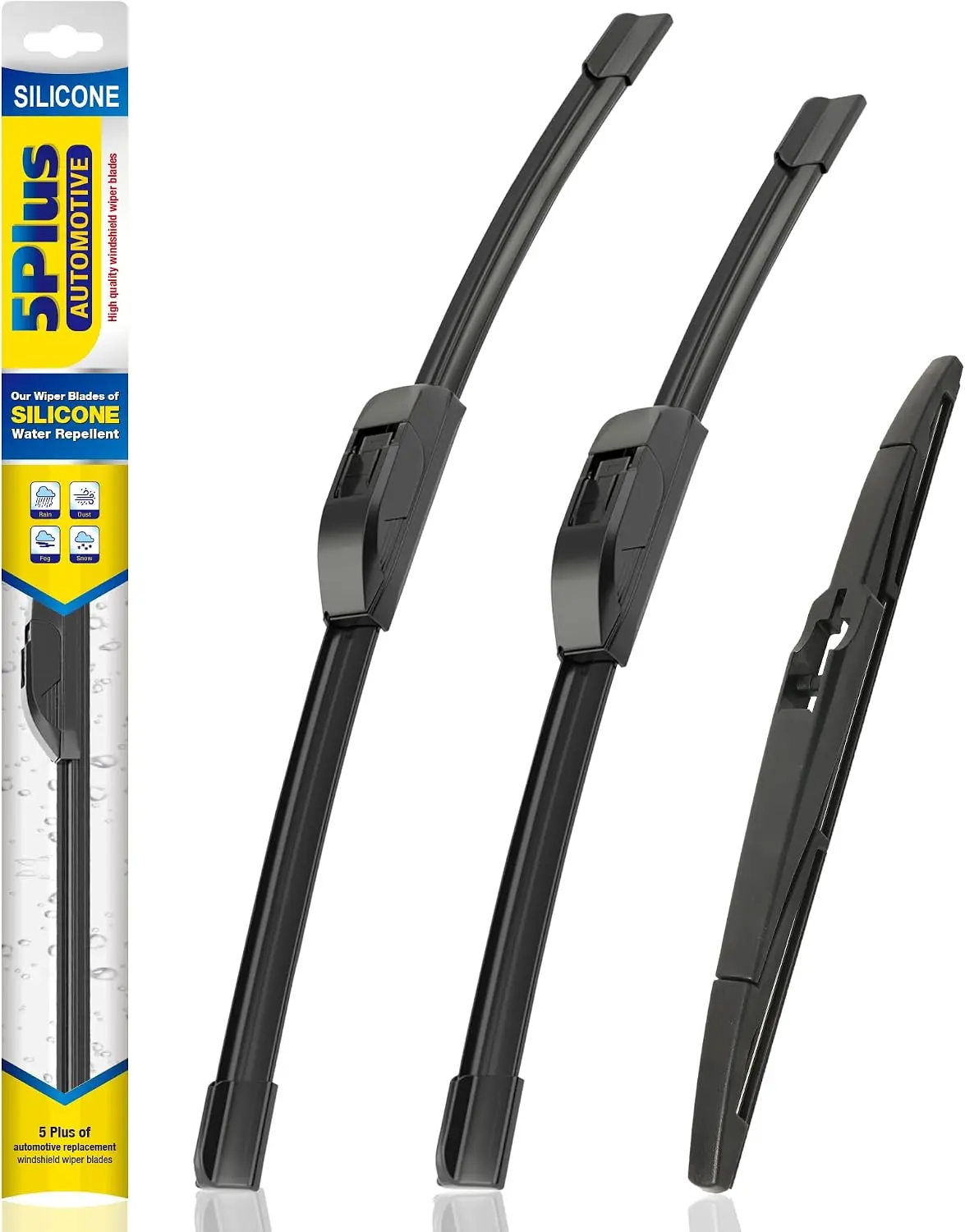 5 PLUS Silicone Windshield Wiper Blades 3 Pack, Front & Rear Replacement Set, Graphene Coated Wipers, Smooth Quiet Wiping, Durable All-Season Performance