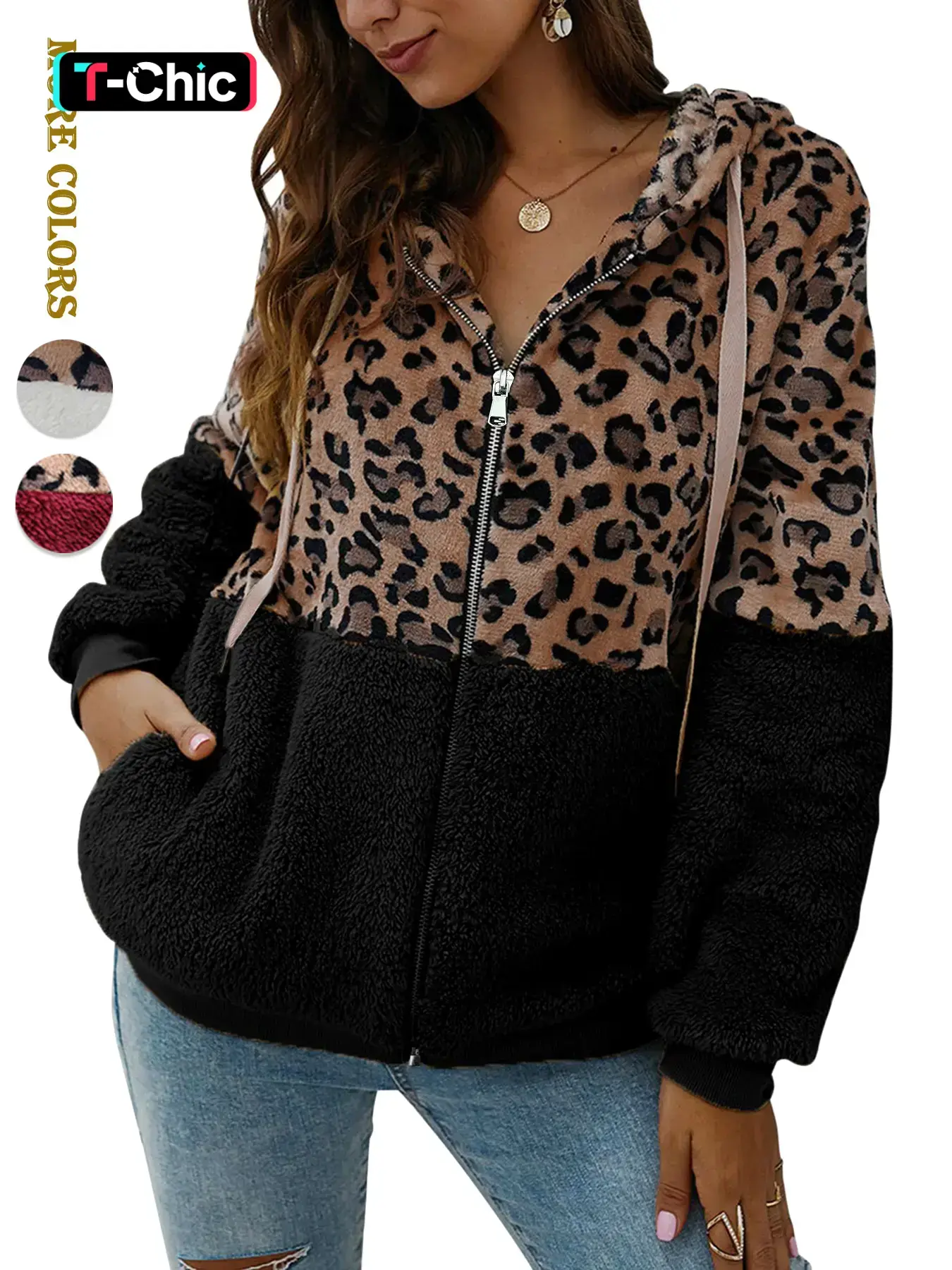 Women's Leopard Patchwork Print Drawstring Zip Up Hooded Jacket, Casual Long Sleeve Pocket Thermal Lined Hooded Outerwear for Fall & Winter, Ladies Womenswear Clothes for Daily Wear